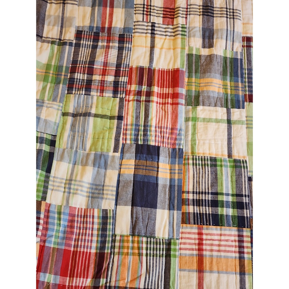 Pottery Barn Kids Twin Patchwork Plaid Quilt Cotton Navy Blue Multi Bedding